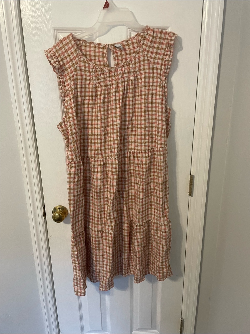 Old Navy Pink, Gold and Cream Plaid Linen Blend Tiered Dress Sz 2X Picnic